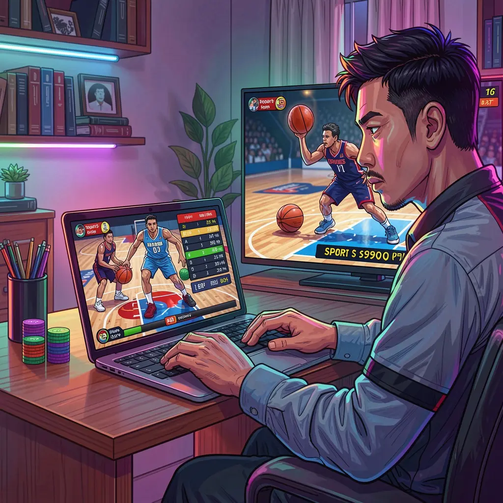 SINA66JL – Enjoy fast and reliable online sports betting in the Philippines Focused Filipino sports bettor placing online wagers on a laptop while watching a live basketball match with dynamic lighting on the SINA66JL platform