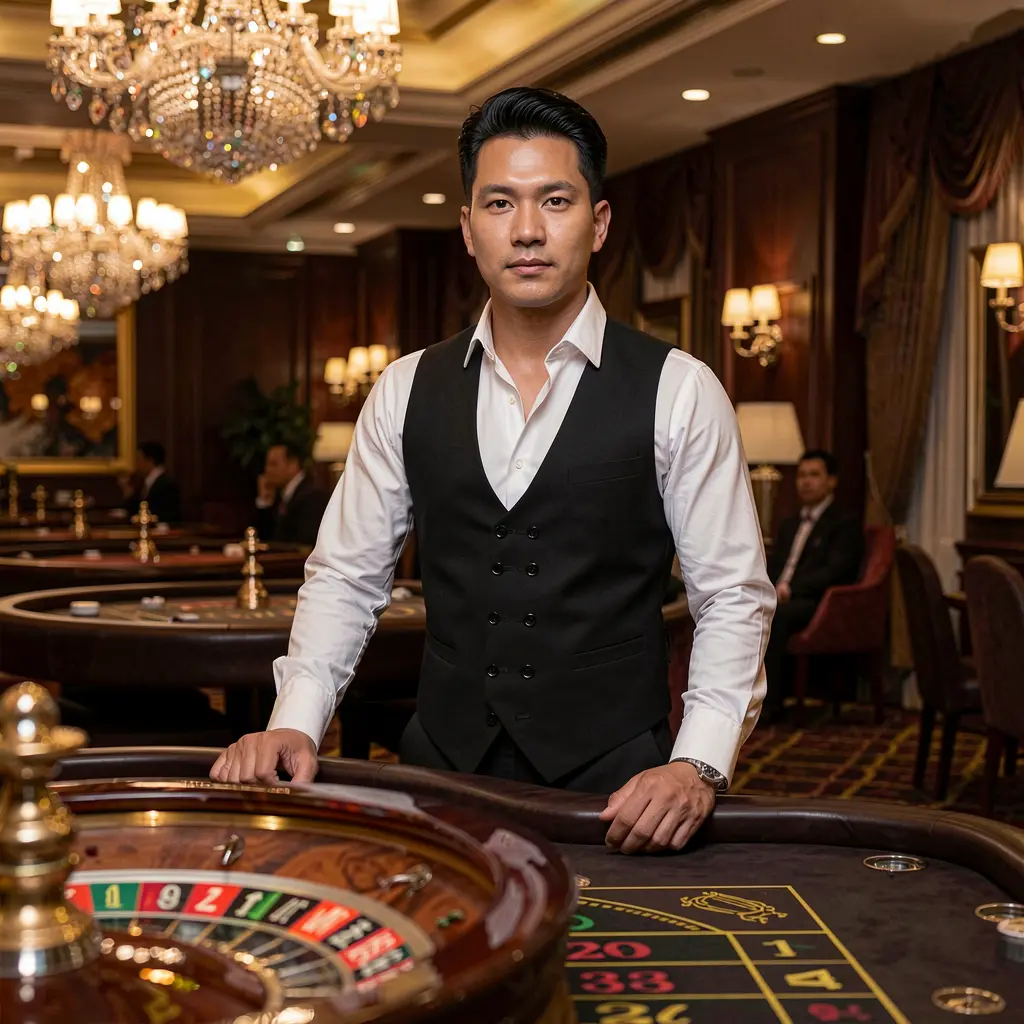 Professional casino dealer at a modern roulette table with vibrant lighting representing the live casino experience available at SINA66JL for players in the Philippines