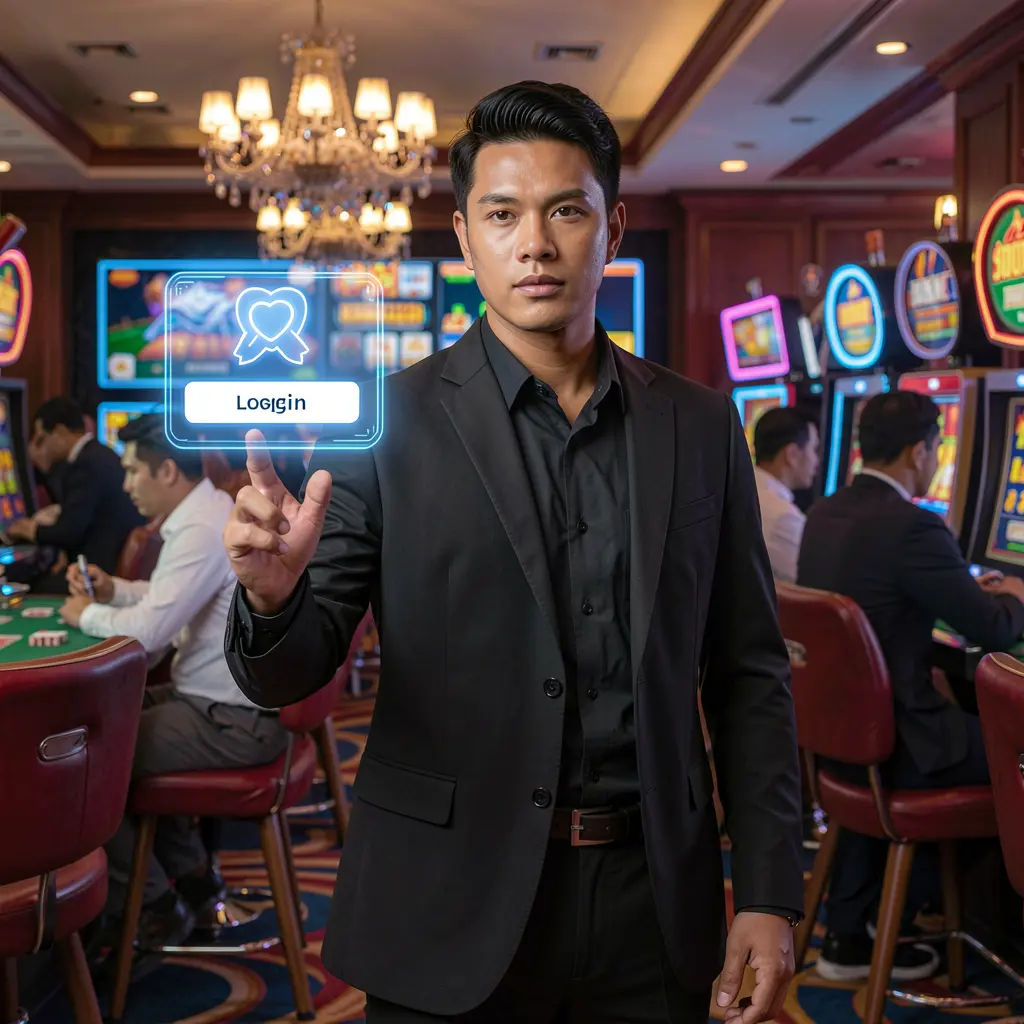 SINA66JL Login – Step into a modern online casino experience for players in the Philippines Confident Filipino casino host presenting a futuristic holographic login button in a vibrant gaming environment at SINA66JL Philippines